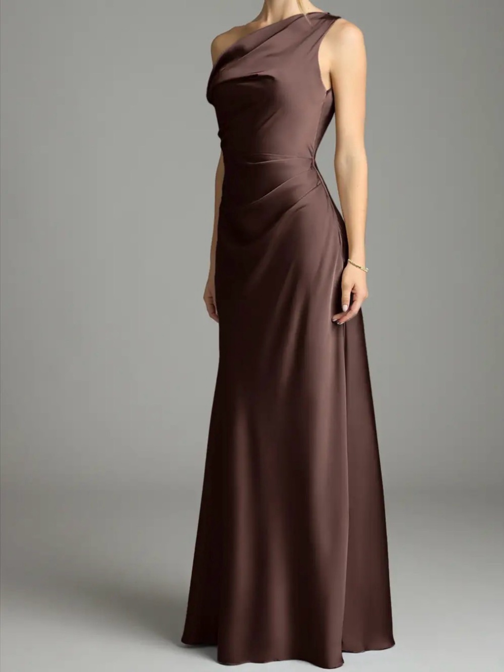 Azazie One-Shoulder Gown in Chocolate